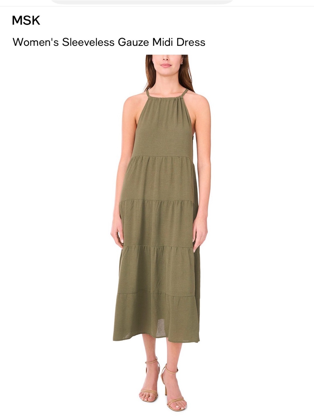 MSK Olive Halter Tiered Gauze Midi Dress